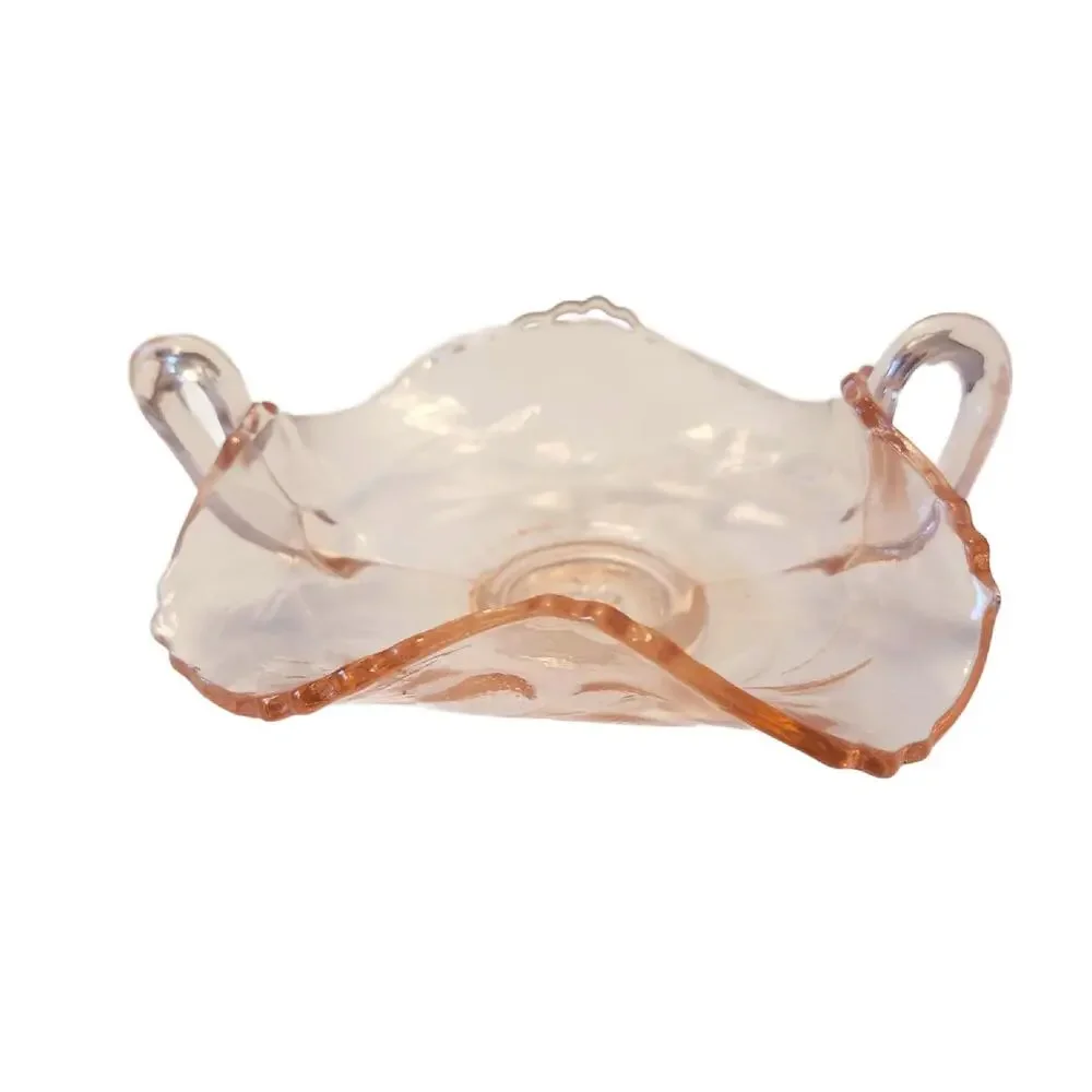 Fenton Strawberry Pink Depression Glass Handled Bon Bon Candy Dish